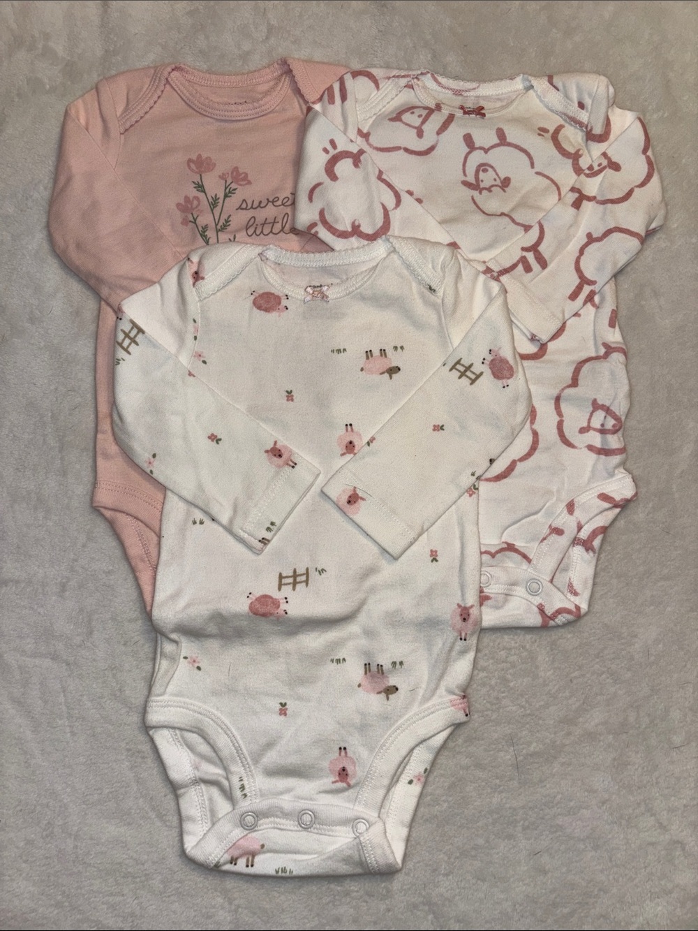 Carters 3-Pack Baby Girls Long-Sleeve One-Piece Bodysuits - Pink & White 6 month